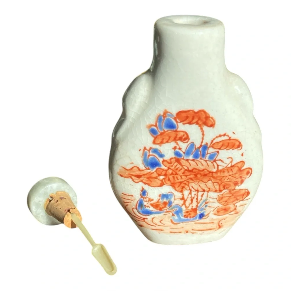 Vintage Chinese Ironstone Snuff Bottle Hand Painted Orange Floral Asian Scene 3